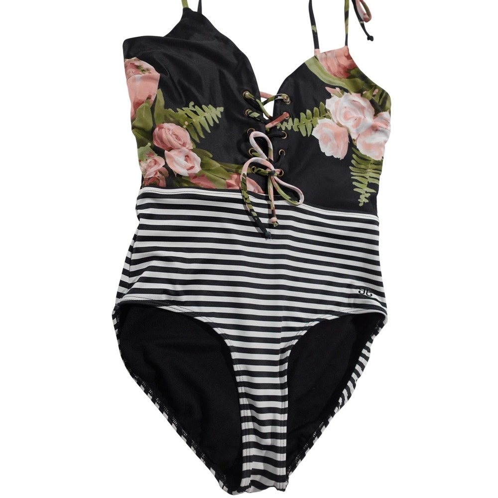 Albion One Piece Swimsuit Womens Small Floral Stripe Lace Up Adjustable Straps